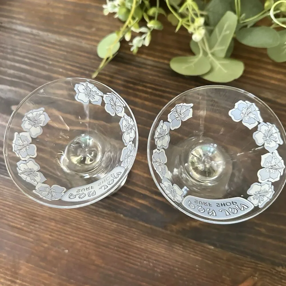 Ron Jon Surf Shop Set Of 2 Martini Glasses Hibiscus Free Flow Stem Design